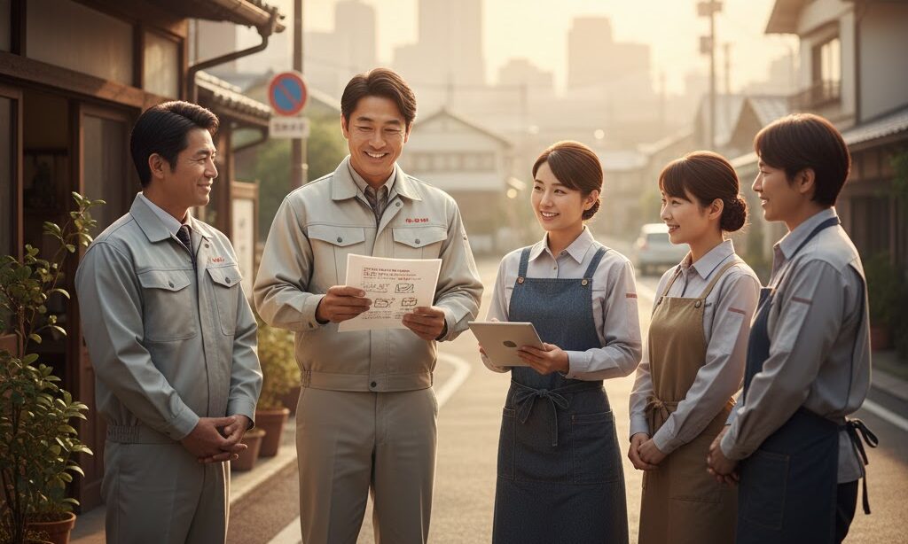 中小企業がBCPに取り組む様子を描いた日本人事業者の明るいイメージ写真