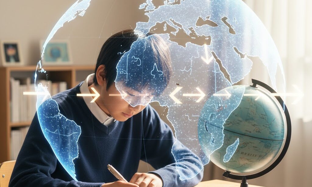 プレート運動をイメージした地球儀と抽象表現の実写風画像｜断層を動かす地球の力の説明用