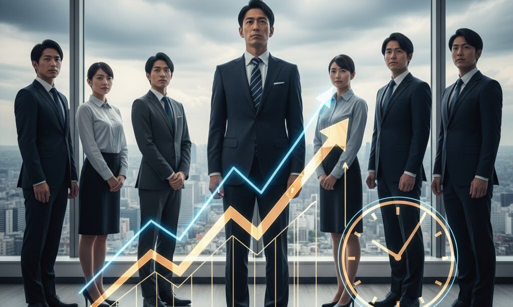 事業継続計画の重要性を考えるビジネスパーソンが都市を背景に未来を見つめる様子