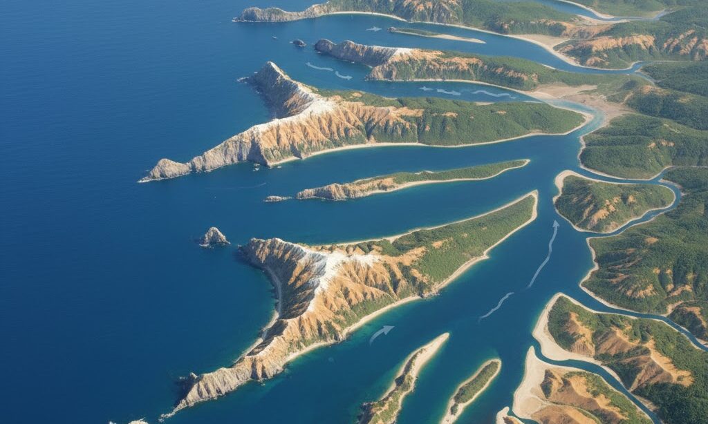 リアス海岸 でき方 を図解したギザギザの海岸線のイメージ