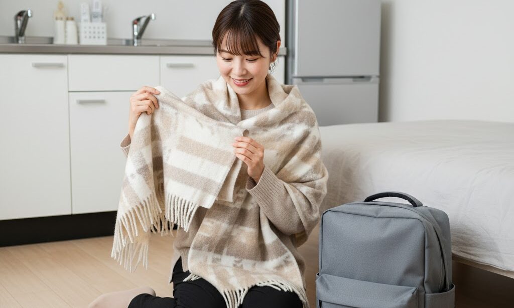 女性の一人暮らし用防災グッズを整理する日本人女性の防災対策