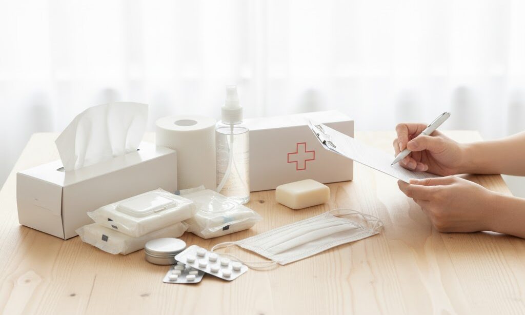 マスクやウェットティッシュなど衛生用品をまとめて準備する家庭の防災日用品備蓄の写真