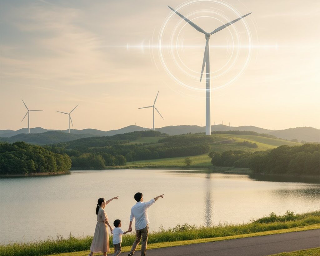 風力発電と自然景観の共存を示す静かな環境の実写風イメージ