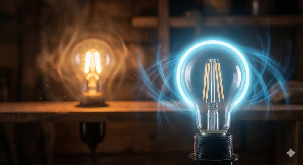 冷たい青い光を放つLEDと、熱を持つ白熱電球の対比を表現した実写風イメージ