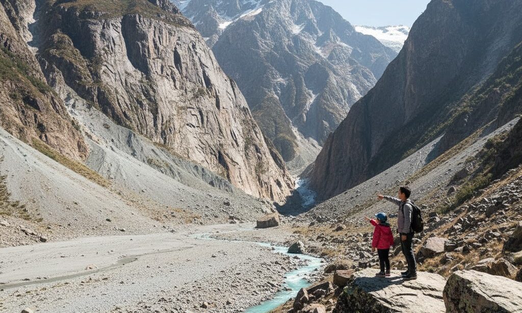 フィヨルドは氷河、リアス式海岸は川が作った違いを示す谷の実写風景