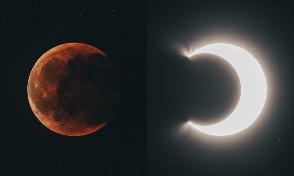 皆既月食と部分日食の違いを表した実写風イメージ
