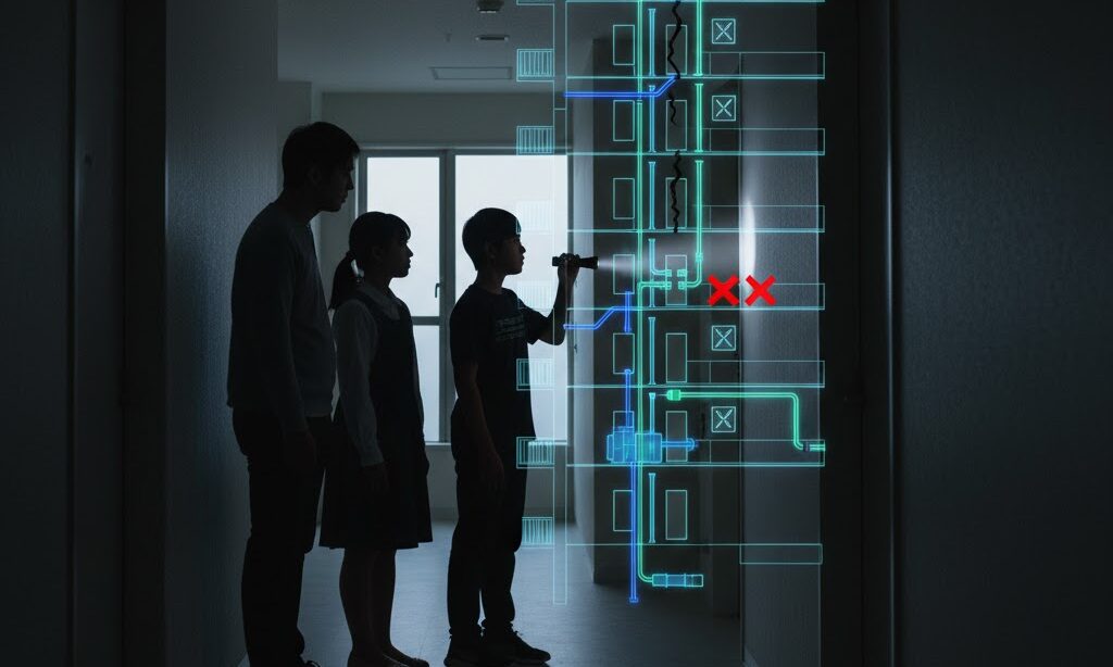 停電でトイレが使えないマンションの夜 懐中電灯で確認する家族のシルエット
