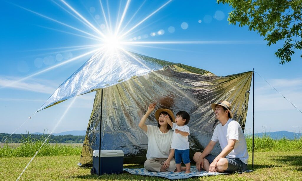 夏の強い日差しを反射するアルミブランケット 日よけタープとして活用する日本人家族の実写風イメージ