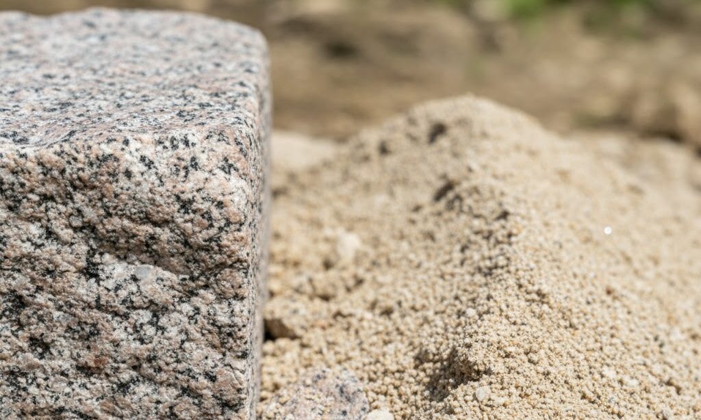 花崗岩が風化してまさ土に変化する過程を表現した実写風画像。岩から砂へ変化する自然のプロセスを描写。