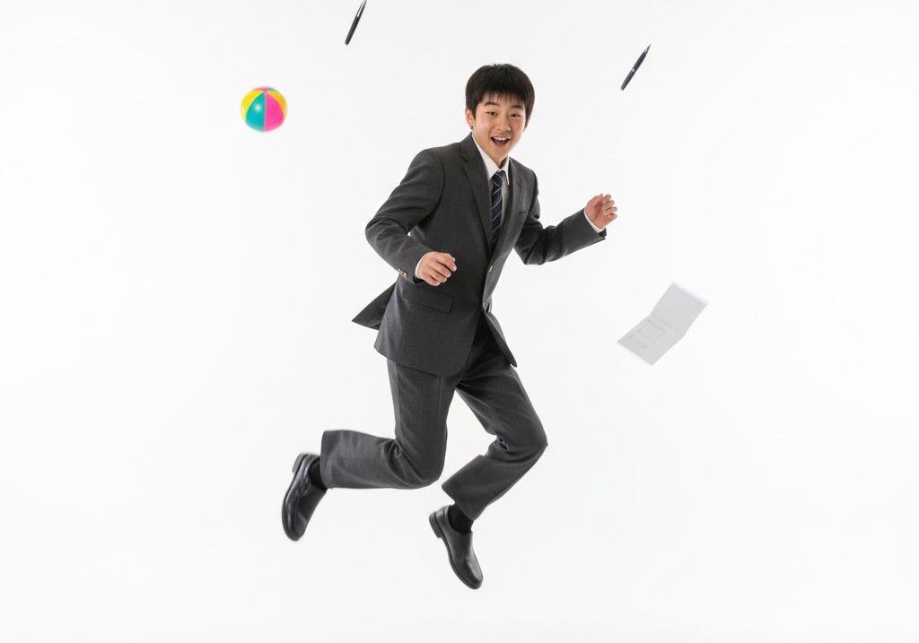 ジャンプして宙に浮く瞬間の中学生で無重量の状態を表した実写風構図