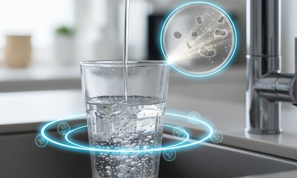 水道水をコップに注ぐ様子と、残留塩素のバリアを象徴する実写風イメージ。