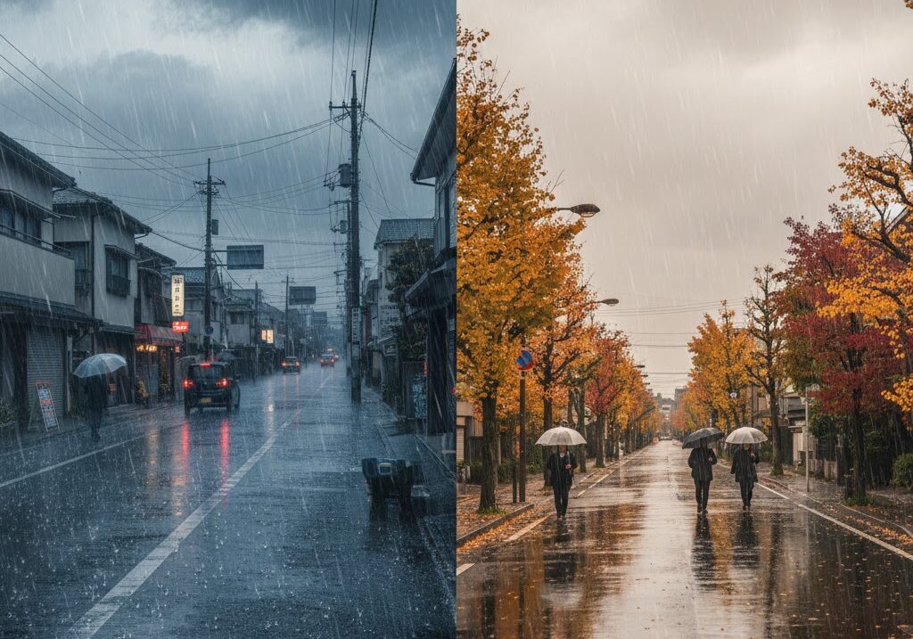梅雨と秋雨の雨の降り方の違いを比較した停滞前線の説明イメージ