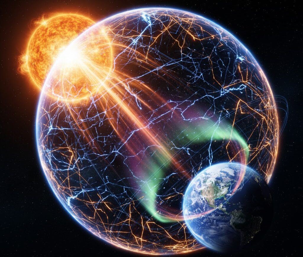 地球を守る磁場と太陽風の関係を示す実写風イメージ