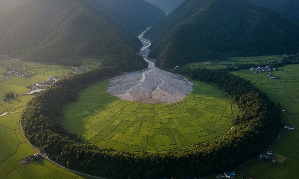 山地から平野に向かって扇状に広がる扇状地の地形写真風イメージ