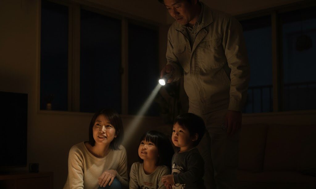停電時に懐中電灯で足元を照らす日本人家族|防災士が教える安全な使い方と防災備え