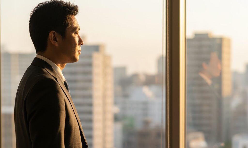 BCP策定の必要性や義務性を検討する日本人経営者のオフィスシーン