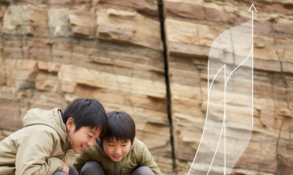 割れ目と断層の違いを示す岩場の写真｜ずれを伴う断層の特徴を理解できる実写風イメージ