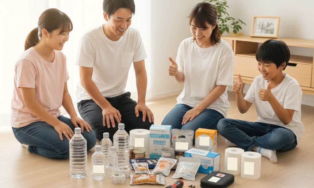 家庭の防災備蓄（水・食料・トイレ・日用品）を家族全員で確認しているまとめイメージの写真