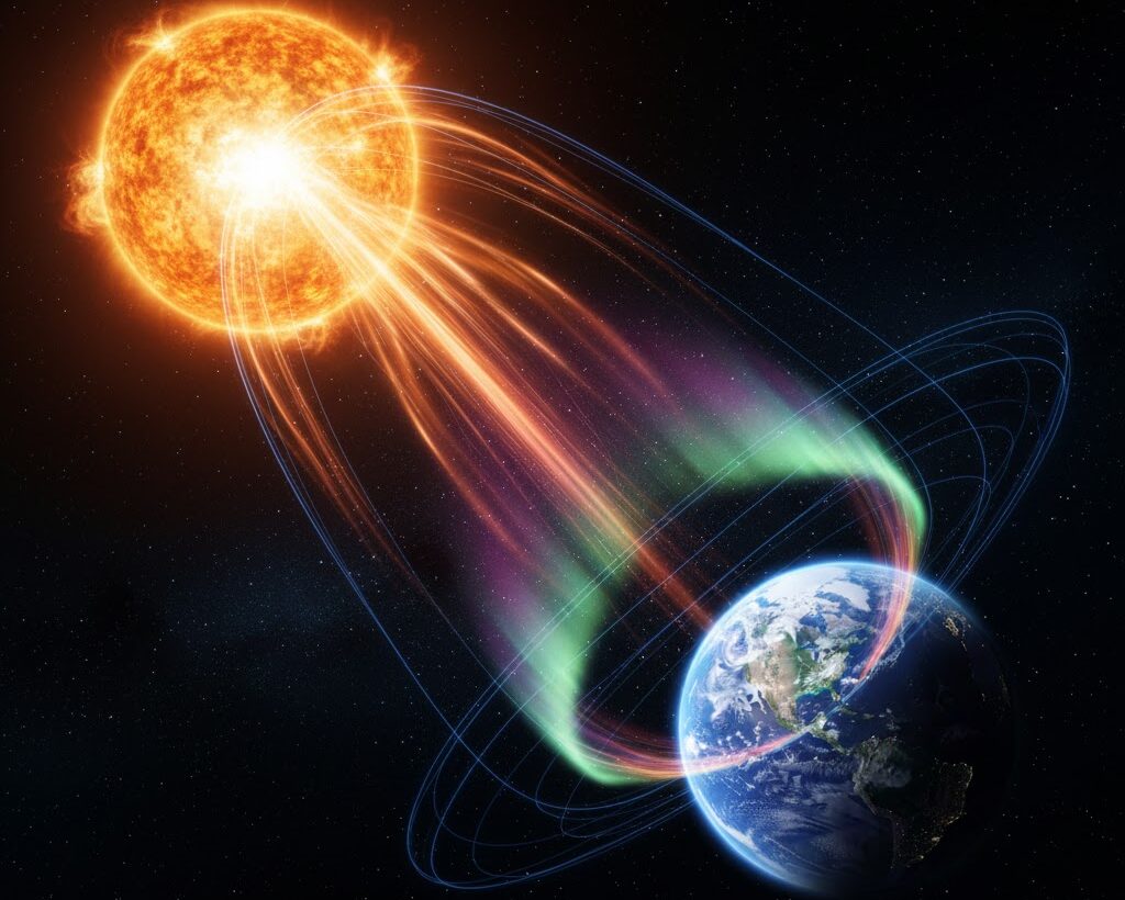 太陽風が地球に届きオーロラができる仕組みのイメージ図 実写風
