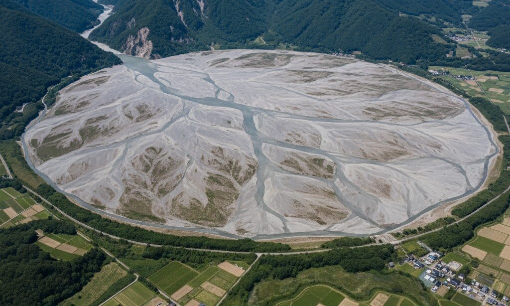 山から平野へ広がる扇状地と暮らしを説明する教育用写真風画像