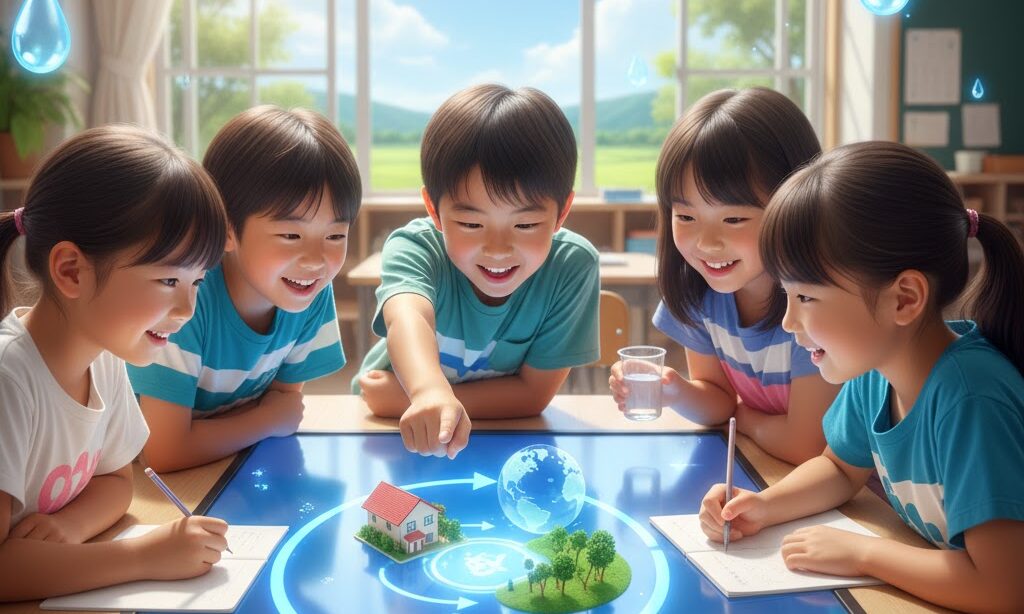 小学生が節水について学んでいる様子