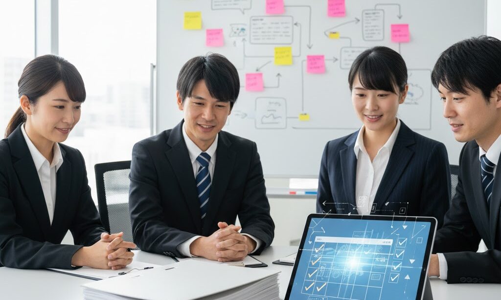 BCP(計画)とBCM(運用)の違いを理解する日本人社員の打ち合わせ風景