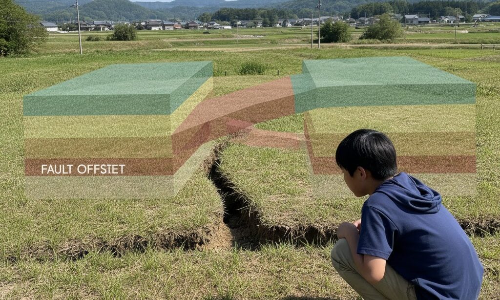 地面がずれてできる断層のイメージ写真｜断層形成の仕組みをわかりやすく示した実写風画像