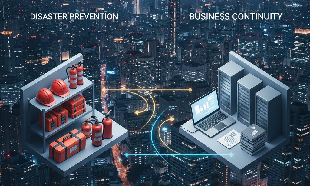 防災とBCPの違いを象徴するビル群と防災用品の対比を表す実写風イメージ