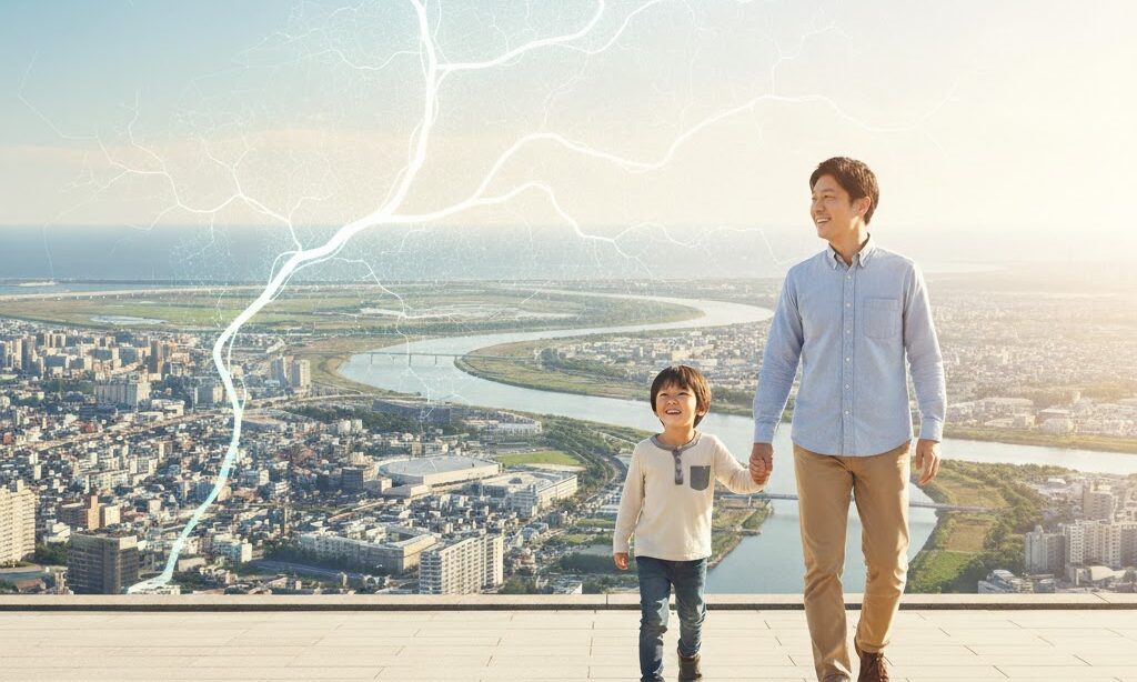 三角州のでき方と防災の知恵をまとめたイメージ|水辺を歩く家族の写真