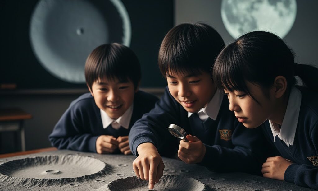 中学生が月のクレーターのでき方について勉強している様子
