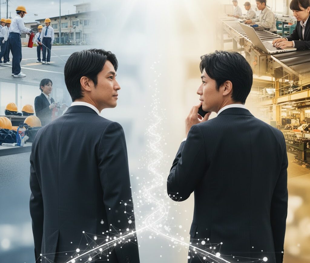 防災計画とBCPの違いを比較する日本人スタッフの実写風イメージ