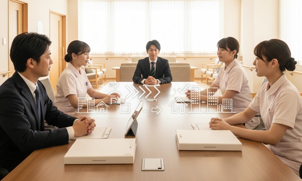 BCP対策に取り組む企業スタッフと介護職員が行動計画を話し合う様子の実写イメージ