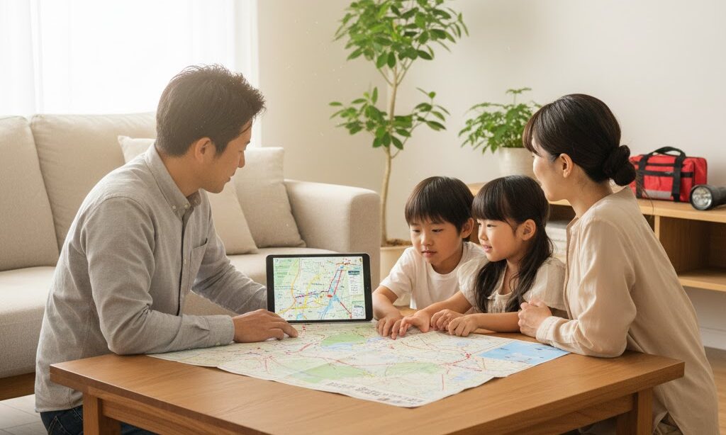 三角州の防災対策|日本人家族がハザードマップで住まいを確認する写真