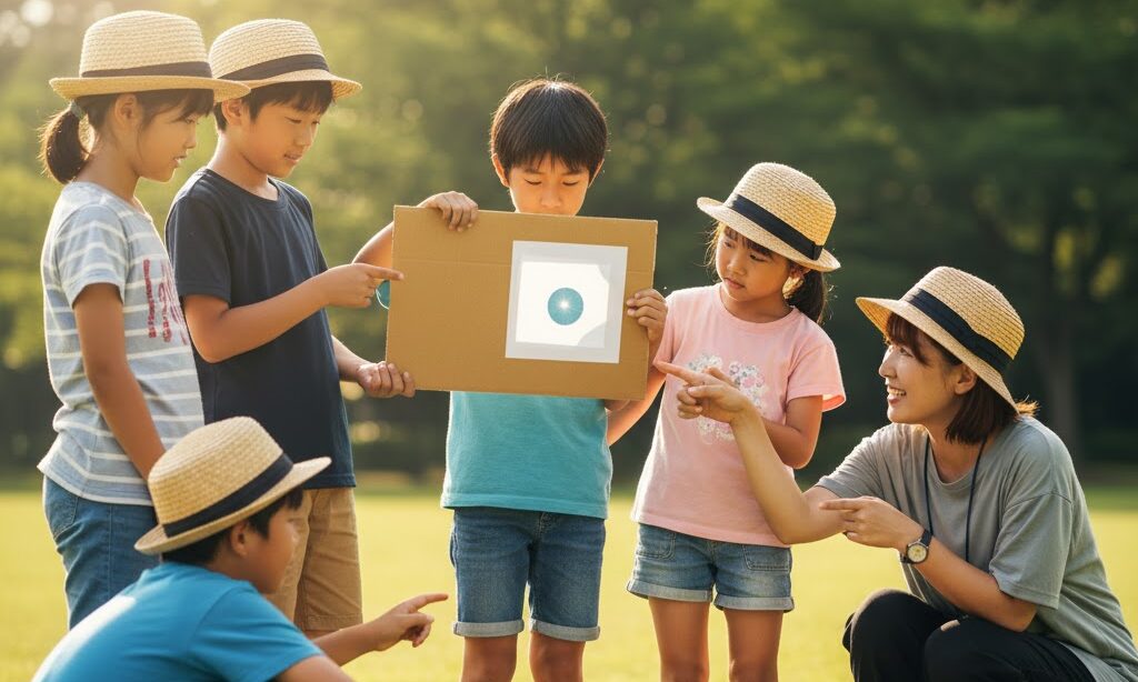 太陽を安全に観察する小学生の自由研究の様子