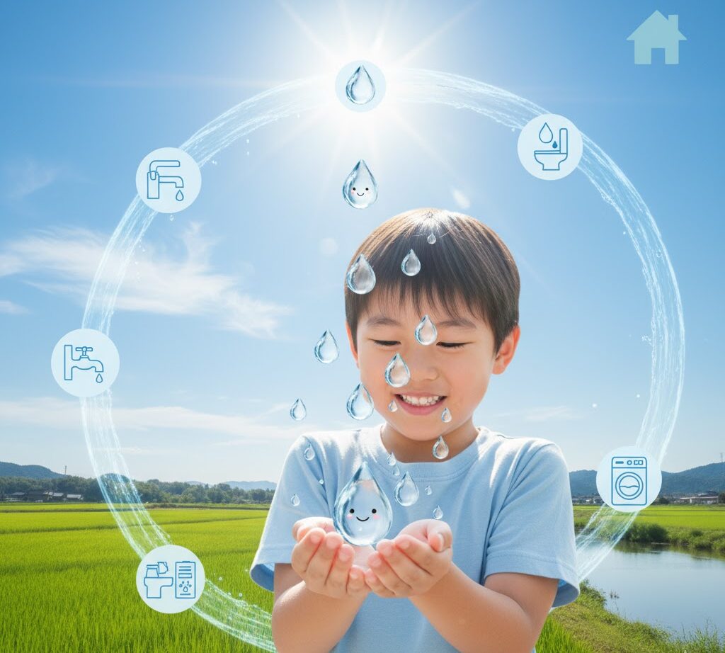 水滴と笑顔の子どもで未来の水を守るメッセージを伝える画像