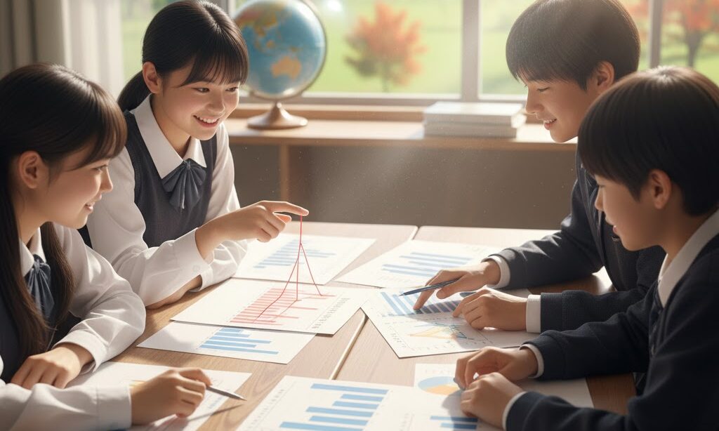 雨温図を勉強する中学生