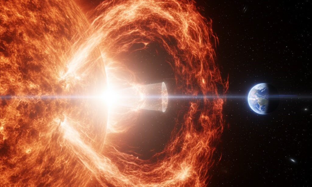 太陽フレアの爆発と地球への影響を表すイメージ 防災知識解説用