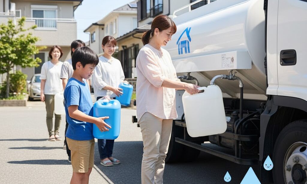 ポリタンクやペットボトルに水を備蓄する家庭の防災準備シーン