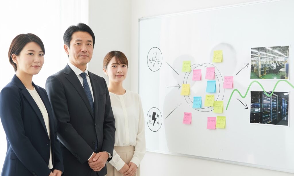 事業継続計画(BCP)の意味を共有する日本人社員の打ち合わせシーン