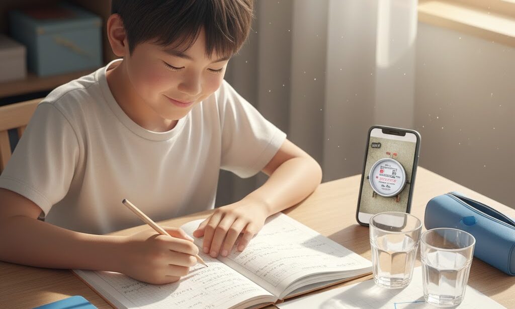 水道メーターやグラフをノートにまとめる小学生の自由研究シーン