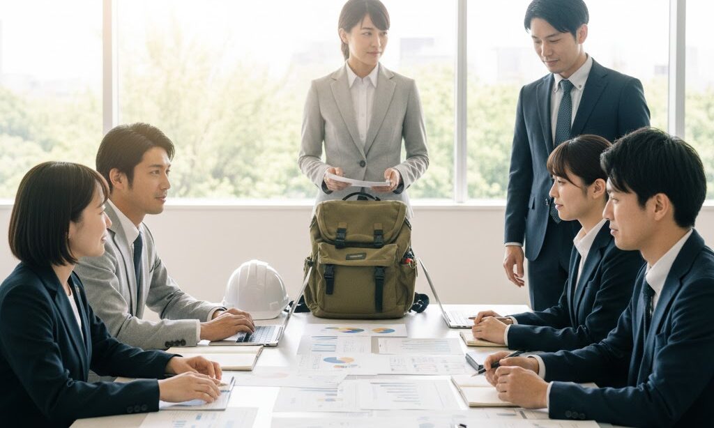 BCPを分かりやすく話し合う日本人スタッフの会議風景|事業継続計画の基本イメージ