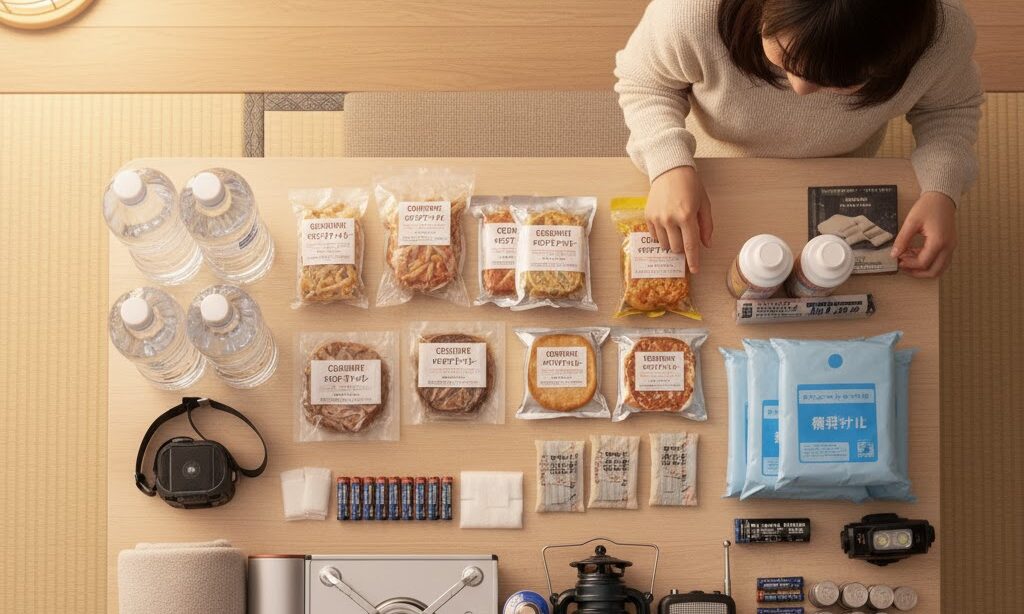 停電が長期化した場合に必要な備蓄品の例をまとめたイメージ|停電・災害への備え