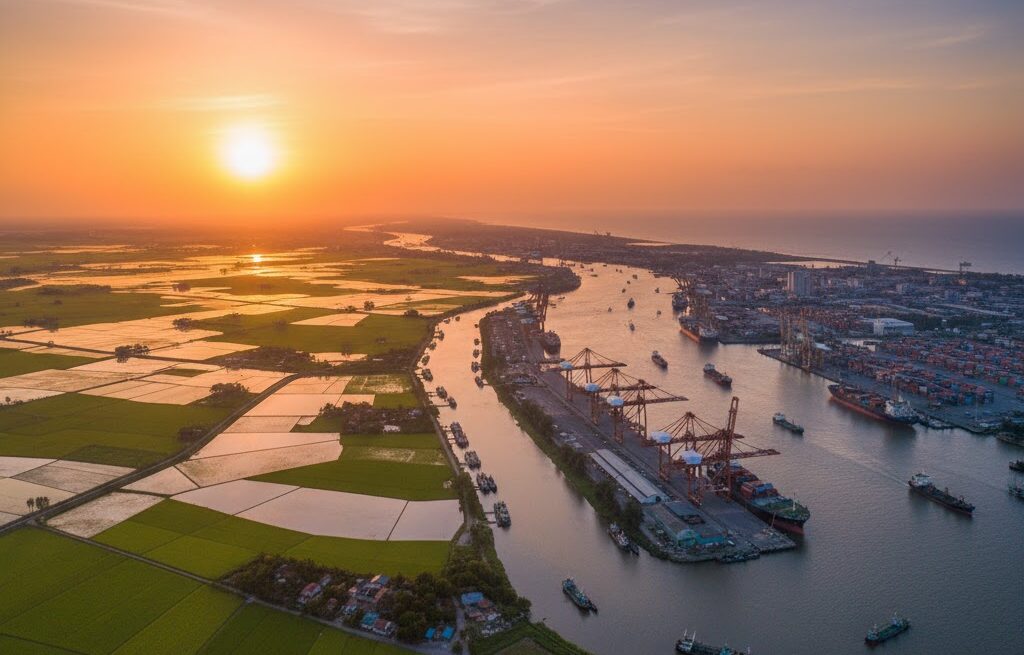 三角州のメリット|水田と港が発達する豊かな土地の実写イメージ