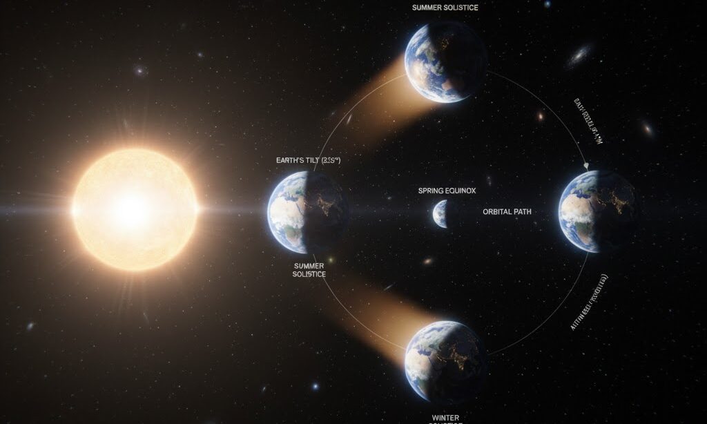 地球の自転と公転による昼夜と季節の違いを示すイメージ