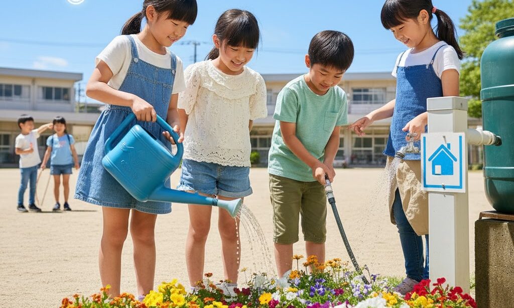学校の蛇口や花だんで節水に取り組む小学生たちの様子