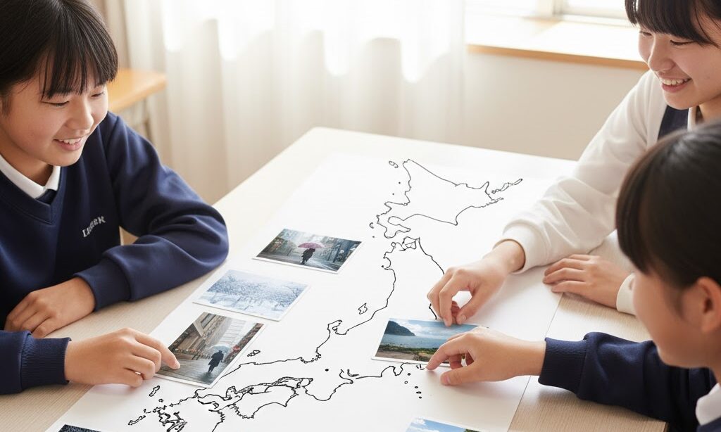 日本の6つの気候区分をイメージした学習用図|太平洋側・日本海側・瀬戸内などを整理した構図