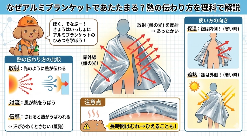 アルミブランケットの仕組みを解説する図解。左上には防災士の犬「そなぷー」が「ぼく、そなぷー!きょうはいっしょにアルミブランケットのひみつを学ぼう!」と挨拶している。中央にはアルミブランケットで体を包んだ人型シルエットがあり、「放射(熱の光)を反射 → あったかい」という説明と共に、体から出る赤外線がブランケットで反射される様子が矢印で示されている。左下には「熱の伝わり方の比較」として、「放射:光のように熱が伝わる(赤い波線)」、「対流:風が熱をうばう(風の矢印)」、「伝導:さわると熱がうばわれる(地面との接触)」がアイコンと共に示され、「※汗がかわくとさむい(蒸発)」と補足されている。右側には「使い方の向き」として、保温時は銀色の面を内側にする様子と、遮熱時は銀色の面を外側にする様子がそれぞれ小さなイラストと説明で示されている。下部には「注意点」として、長時間使用すると内部に水蒸気がこもり結露する様子が描かれ、「長時間はむれ→ひえることも!」と注意書きがある。全体的に明るく科学的な雰囲気で、防災教育向けのデザインとなっている