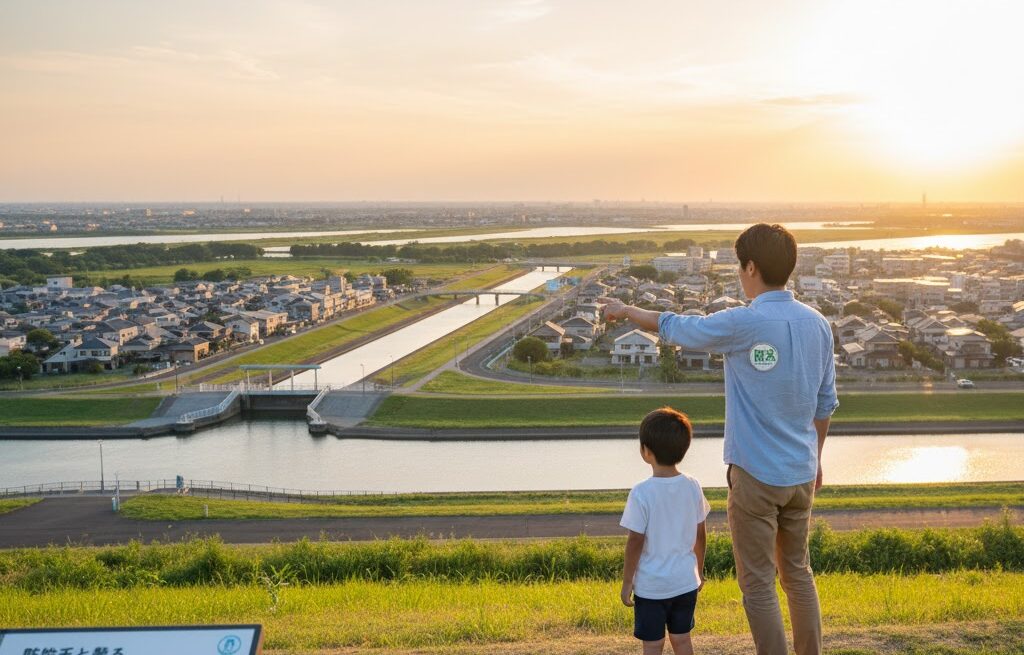 三角州の暮らしと防災視点を学ぶ日本人家族のイメージ写真|水辺の都市を背景に