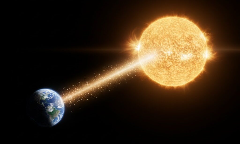 太陽と地球の関係を表したイメージ 太陽の光が地球に届く様子