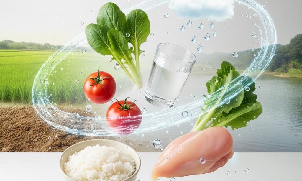 食材と水滴でバーチャルウォーターを表現した実写風イメージ